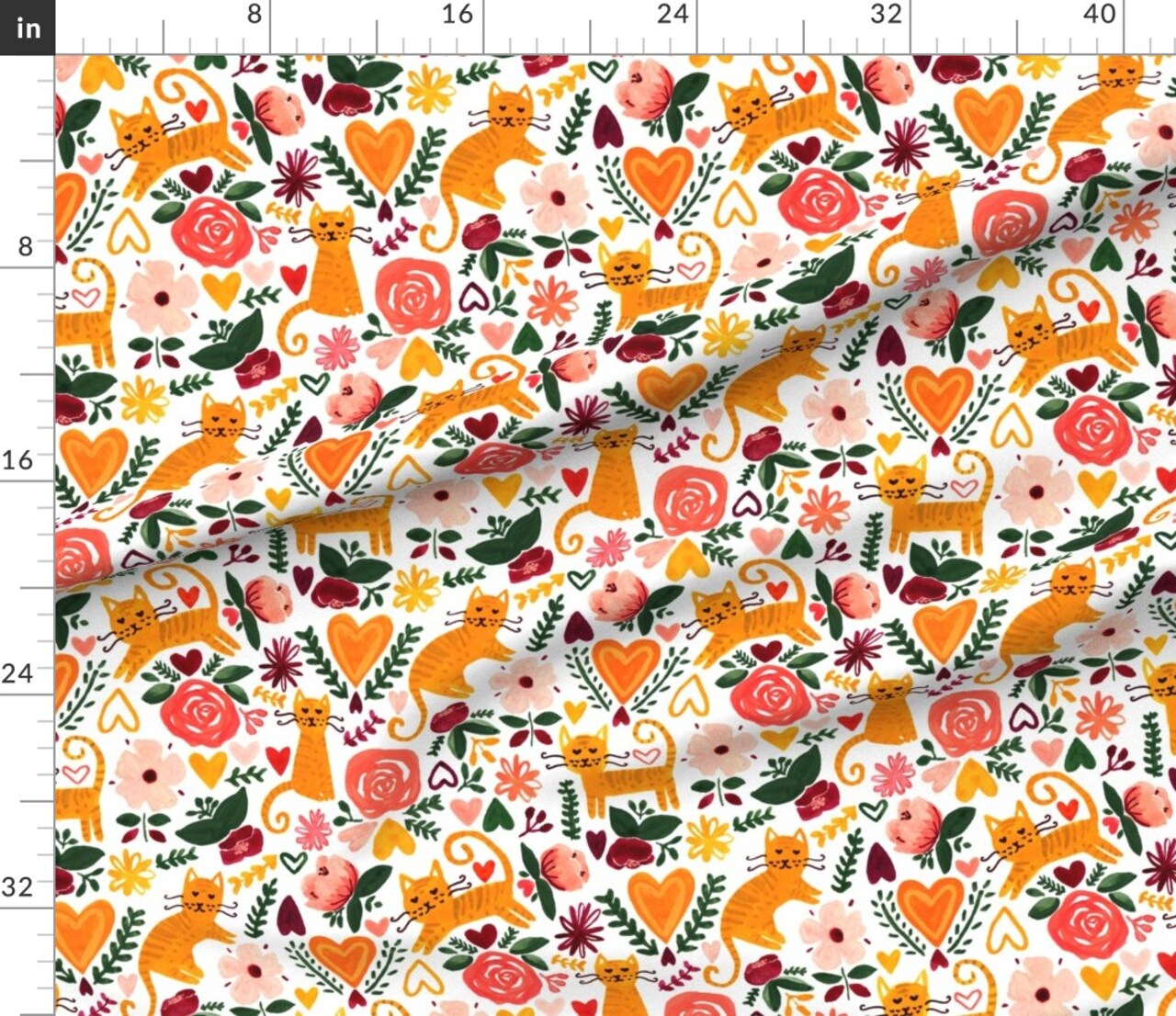 Valentine Cats Orange Green Maroon Coral Cat Animal Kitten Love Flowers Custom Printed Fabric by Spoonflower Various Fabrics by the Yard or Fat Quarter